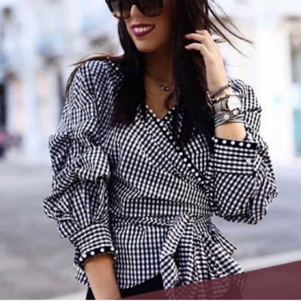 Zara Gingham Ruffle Sleeve Top
